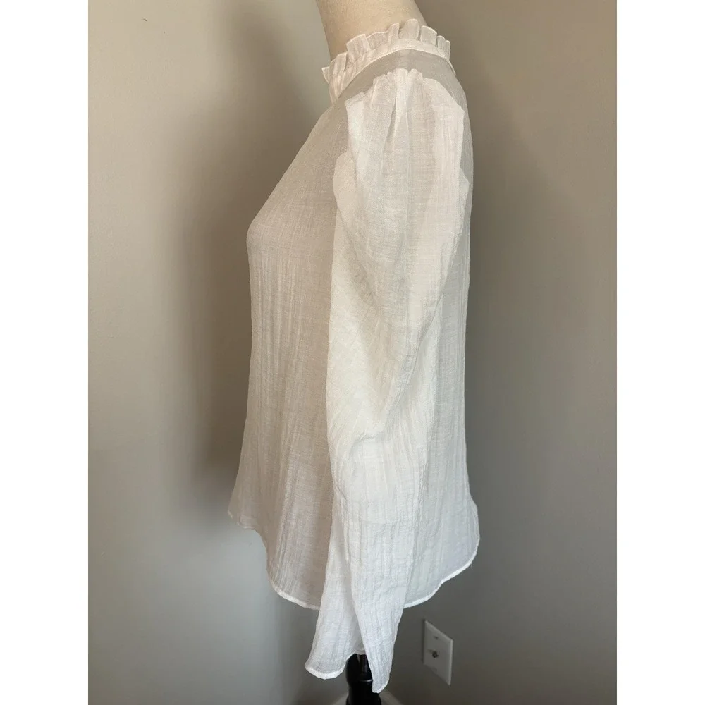 Maeve & Anthropologie White Sheer Blouse Mock Neck Puff Sleeve Gauze Size Medium